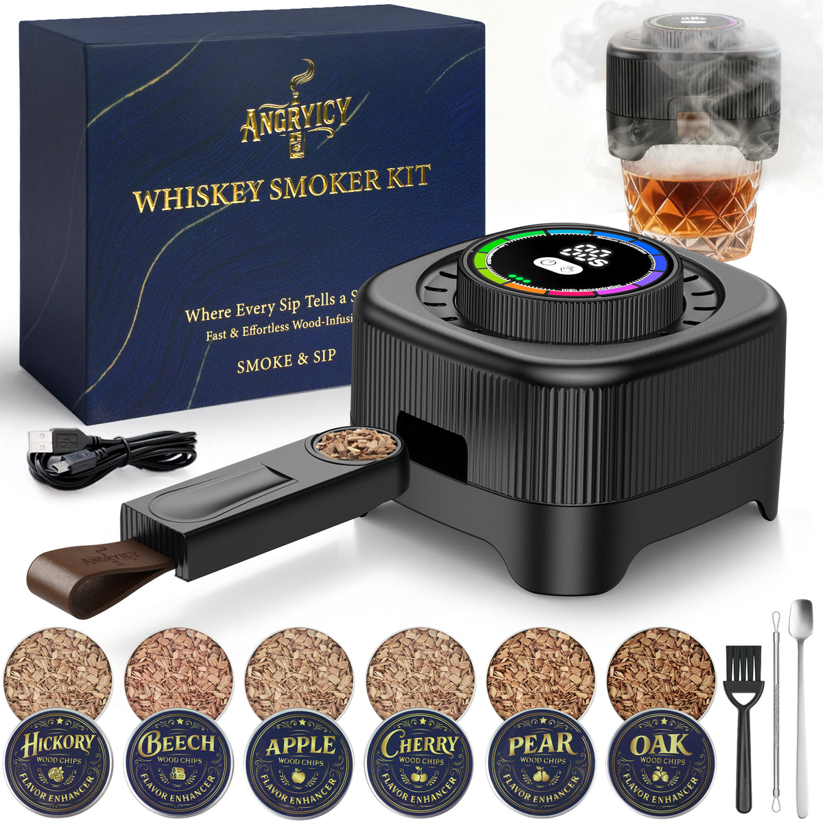 Electric Whiskey Smoker Kit with 0-60s Adjustable Timer, No Butane Needed, Cocktail Bourbon Drink Smoker Infuser Kit Smoke Whisky Set - 6 Wood Chips Flavors, Birthday Gifts for Men,Dad,Husband, Square